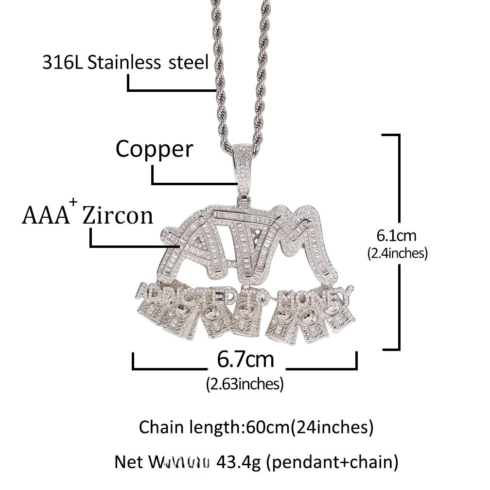 Iced Out ATM Letter Pendant Necklace for Women & Men - Gold Plated or Silver Plated Cuban Twist Chain with Cubic Zirconia Statement Charm