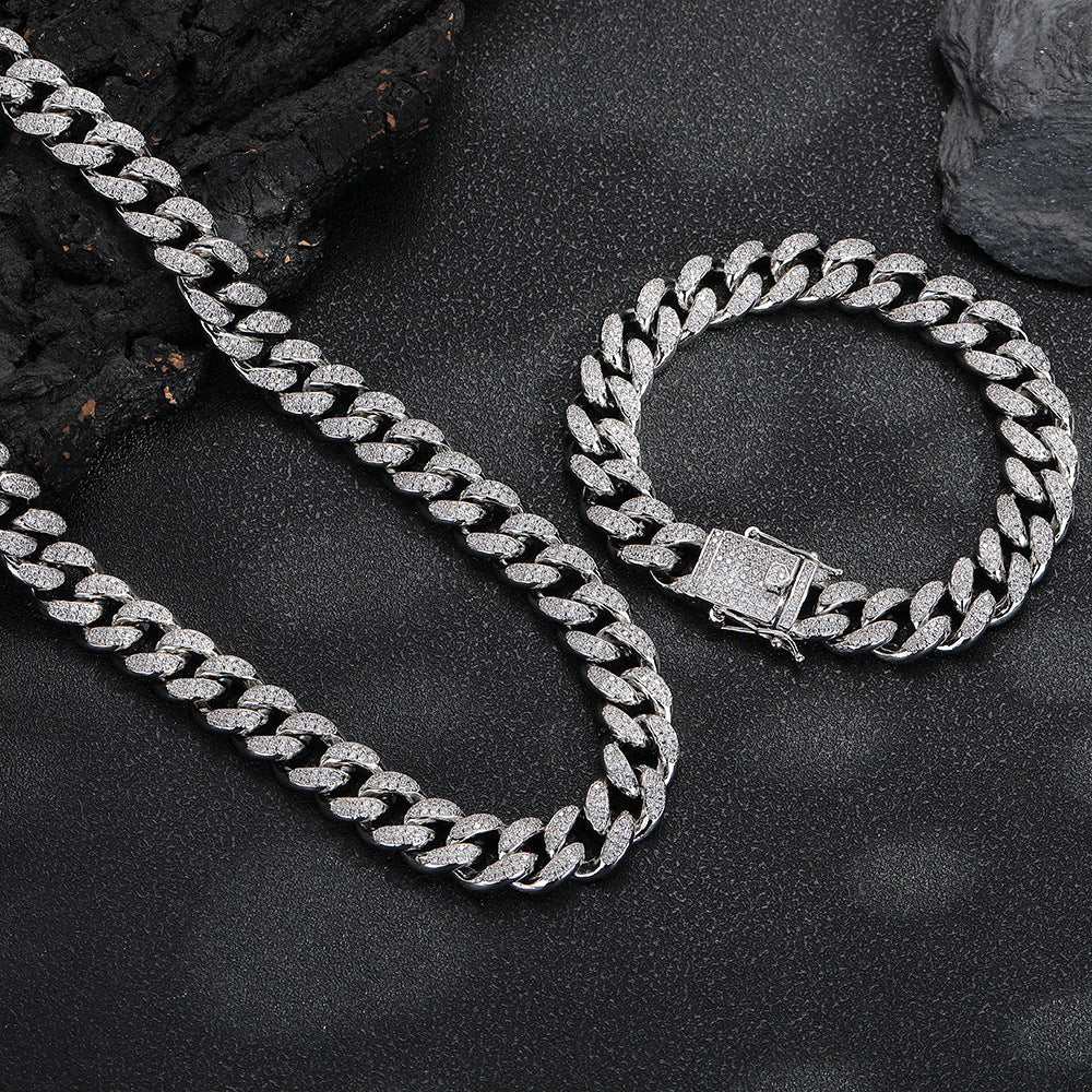 12mm Iced Out Cuban Link Chain Necklace & Bracelet, Pavé CZ Hip Hop Jewelry