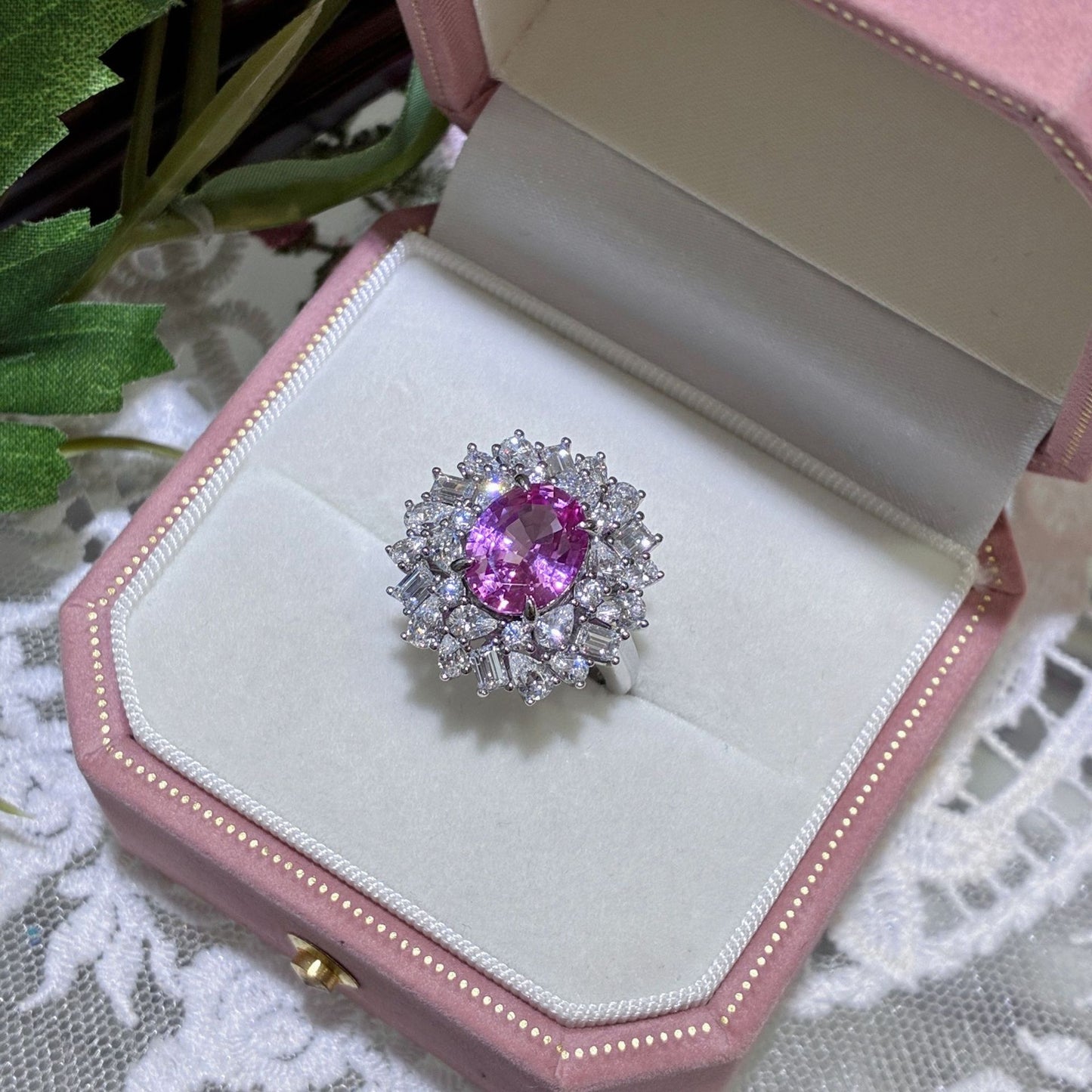 Pink Sapphire Halo Ring, S925 Silver Oval Cluster Ring for Women product image