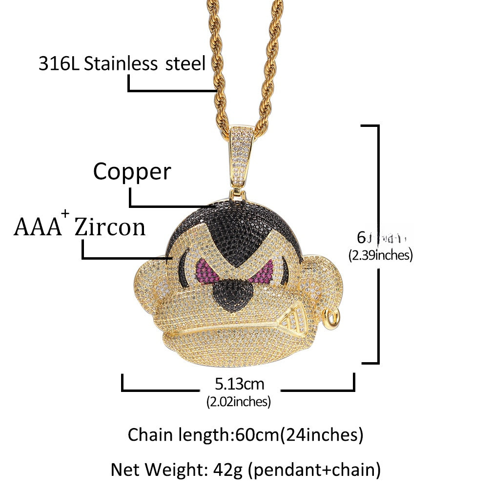 Iced Monster Pendant Necklace for Women & Men – Gold Plated Cubic Zirconia Hip Hop Statement Chain