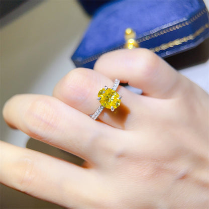 Yellow Oval Moissanite Ring for Women, U-Shaped Pave Band Engagement Ring, 1 Carat or 2 Carat