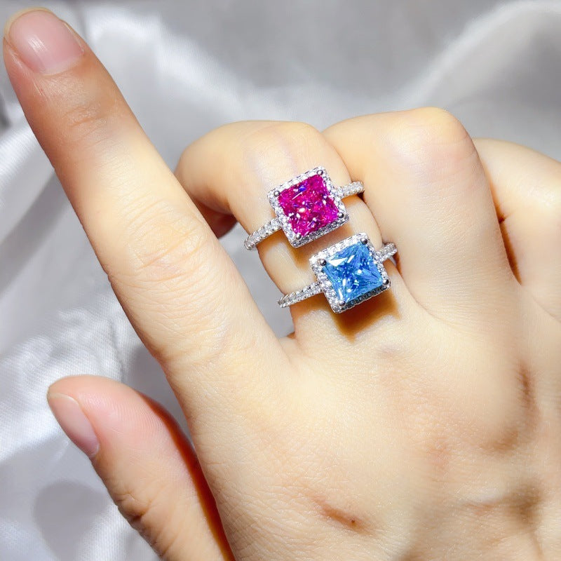 Princess Cut Halo Moissanite Ring for Women, Pink or Blue Engagement Ring, S925 Polished Statement Ring product image