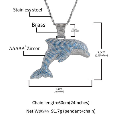 Iced Dolphin Pendant Necklace for Women with Blue & White Cubic Zirconia, Silver Plated Statement Chain