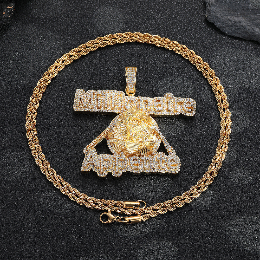 Iced Out Asymmetric Geometric Pendant Necklace, Copper Zircon Rope Chain Hip Hop Statement Jewelry