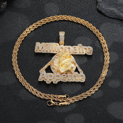 Iced Out Asymmetric Geometric Pendant Necklace, Copper Cubic Zirconia Rope Chain Hip Hop Statement Jewelry