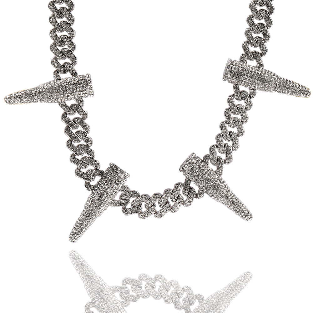 Iced Spike Cuban Link Necklace Silver Tone Statement Pendant Chain for Men & Women product image