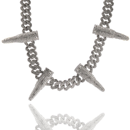 Iced Spike Cuban Link Necklace Silver Tone Statement Pendant Chain for Men & Women