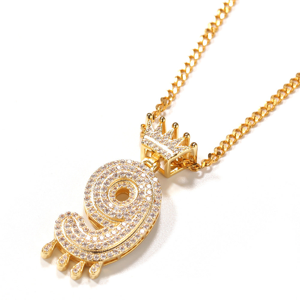 Iced Out Crown Number Pendant Necklace with 24 Inch Twisted Stainless Steel Chain, Gold or Silver Cubic Zirconia Hip Hop Statement Necklace