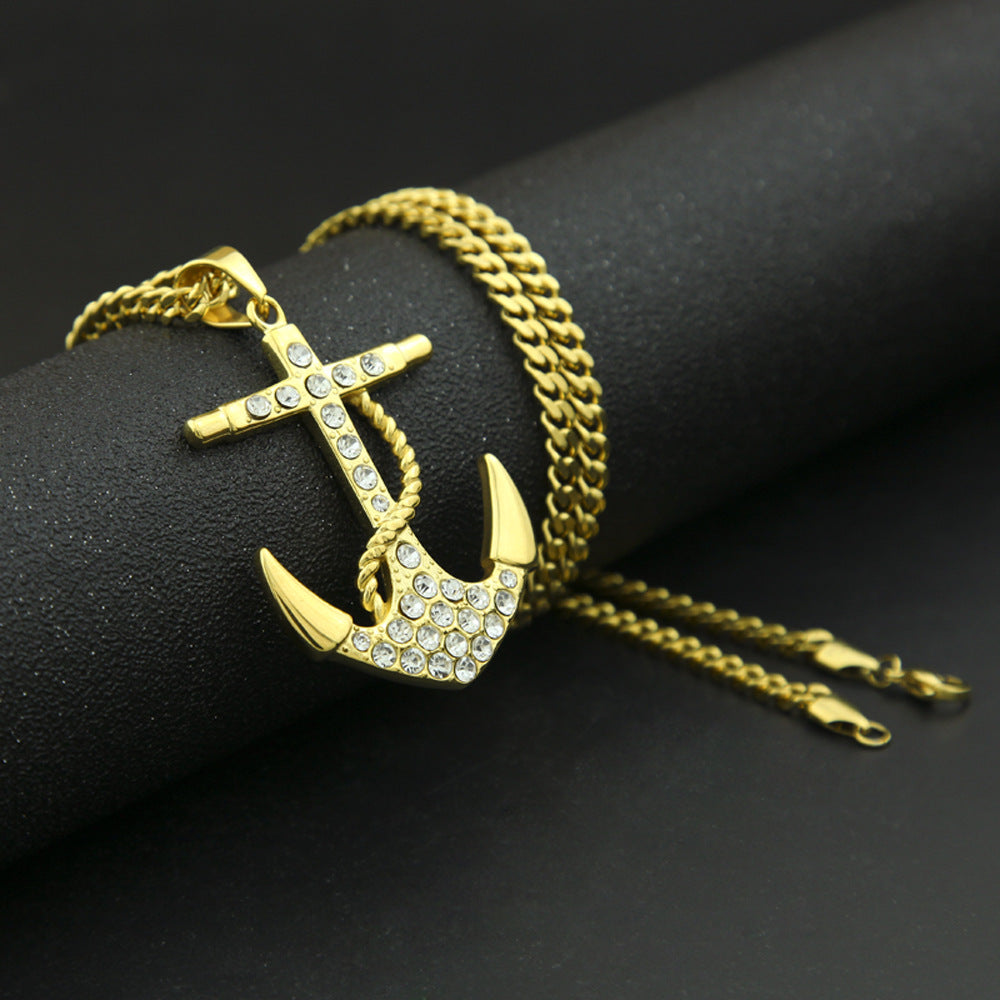 Gold Stainless Steel Anchor Pendant Necklace with Diamond-Look Stones - 5mm Cuban Chain Hip Hop Statement Jewelry for Women and Men