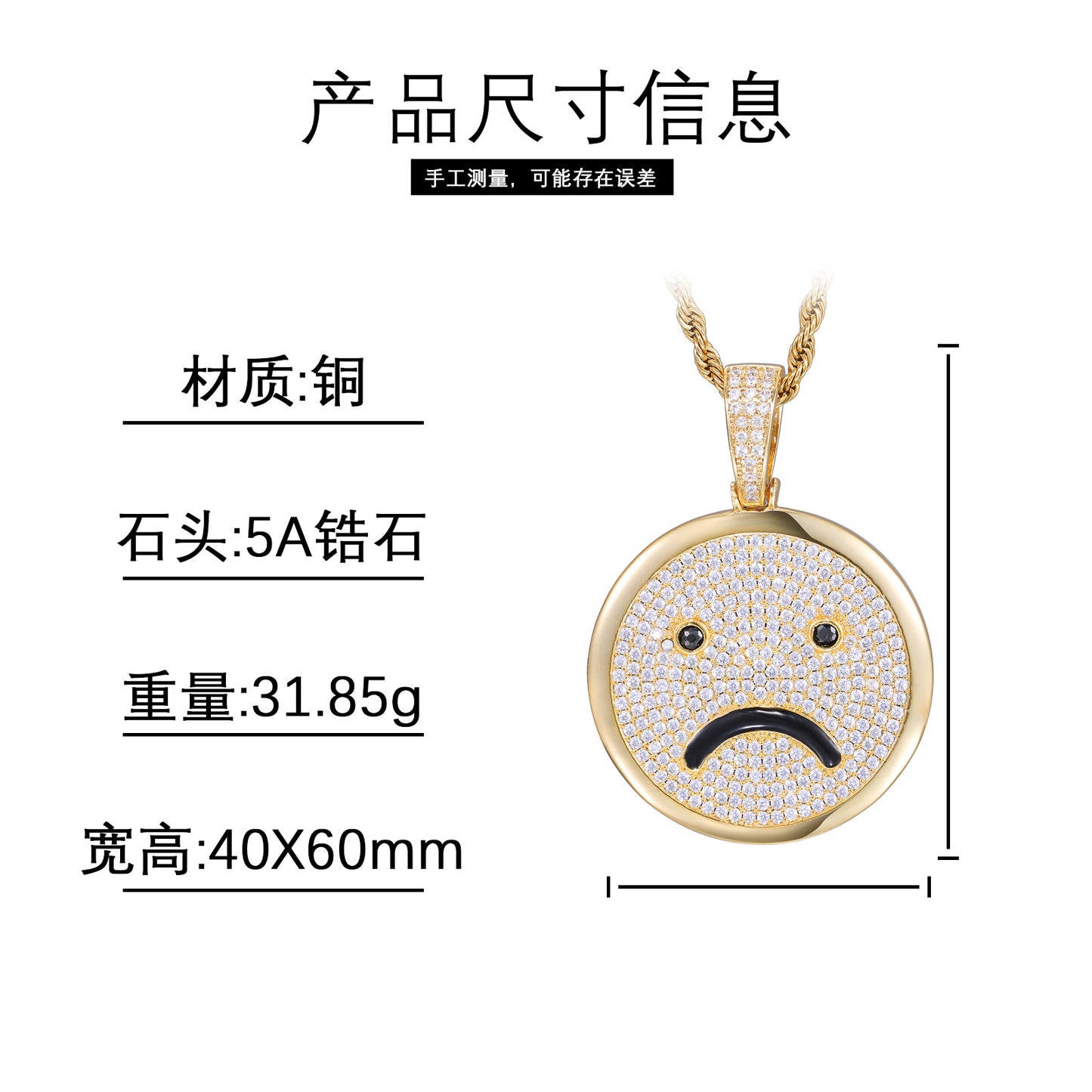 Iced Out Smiley Face Pendant Necklace, Rope Chain Hip Hop Zircon Jewelry product image