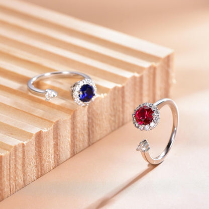 Open Halo Moissanite Ring with Round Blue or Red Center Stone, Adjustable Wrap Ring for Women