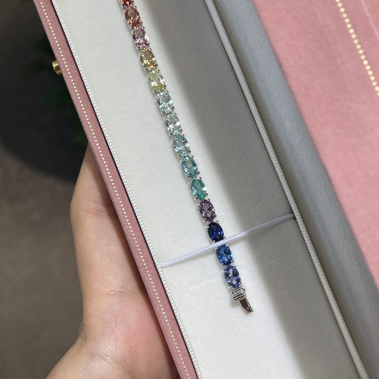 S925 Sterling Silver Rainbow Oval Gemstone Tennis Bracelet product image