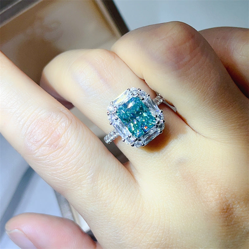 3 Carat Green Radiant Cut Moissanite Halo Ring for Women, Geometric Engagement Ring, Rectangular Statement Ring product image