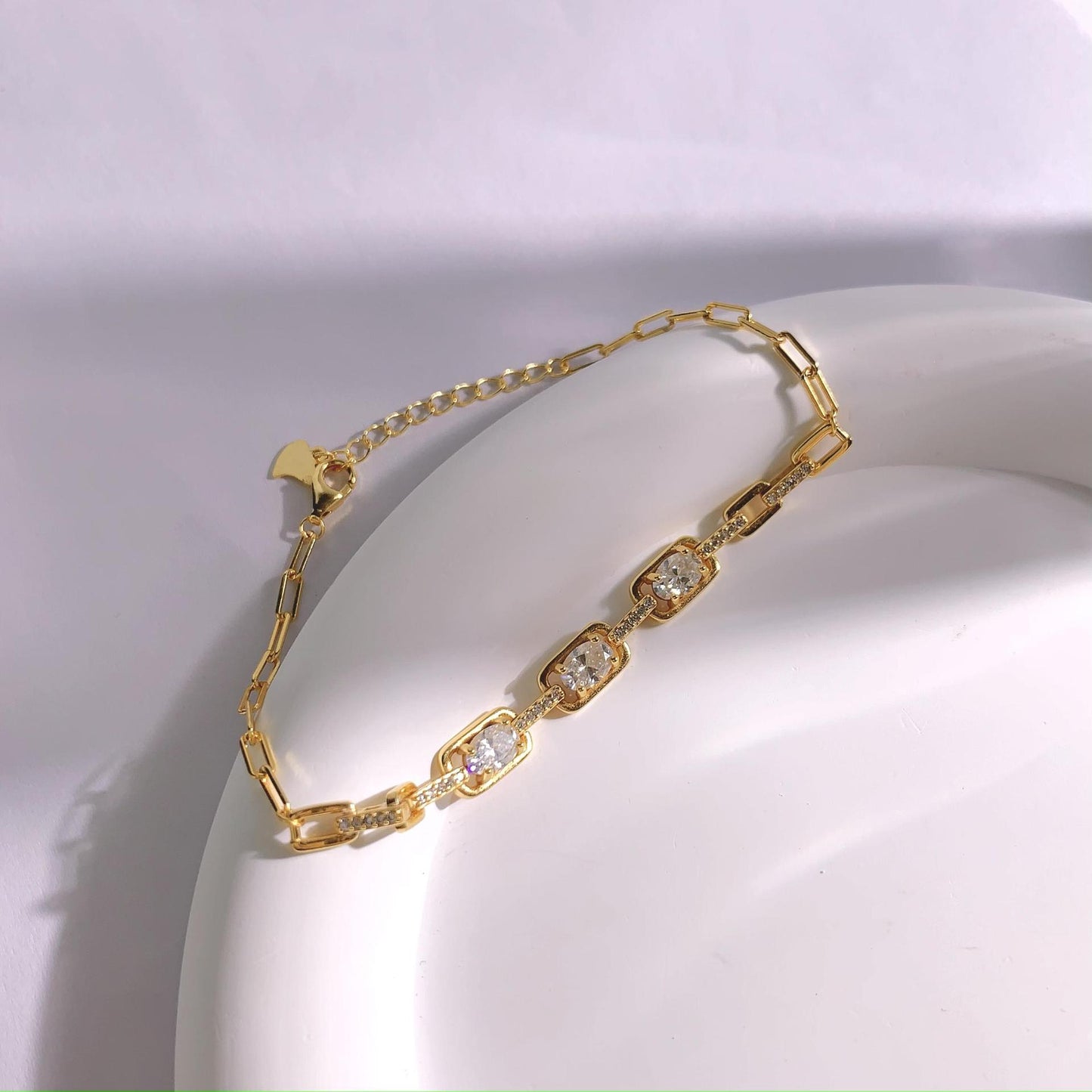 S925 Moissanite Link Bracelet, Oval Stone Tennis Bracelet, Adjustable 15+3cm, White product image