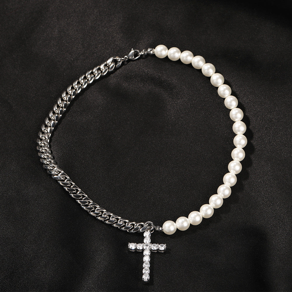 Unisex Pearl Chain Cross Pendant Necklace in Stainless Steel