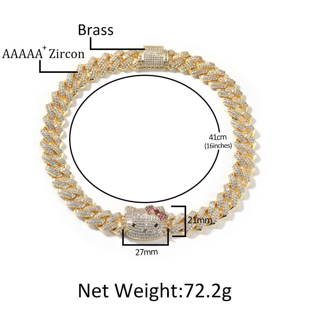 Iced Cartoon Cat Pendant Cuban Link Chain Necklace Bracelet for Women & Men, Gold Plated and Silver Plated Statement Jewelry