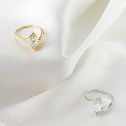 Marquise Moissanite Ring, 18K Gold Plated Open Band Solitaire Ring for Women