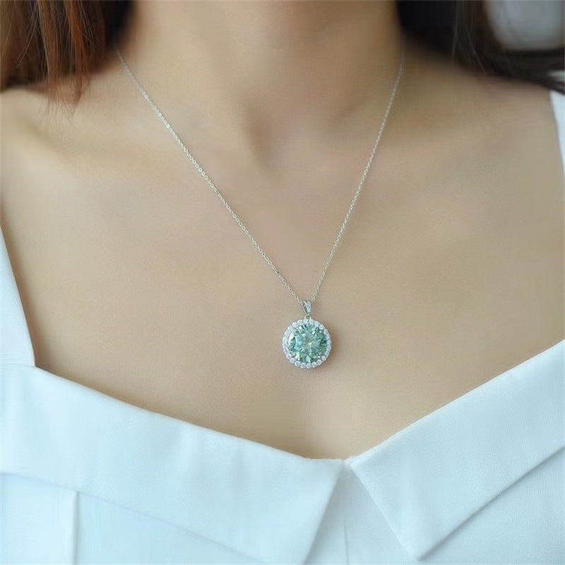 Green Moissanite Halo Pendant Necklace, Round Cut Sparkling Jewelry for Women product image