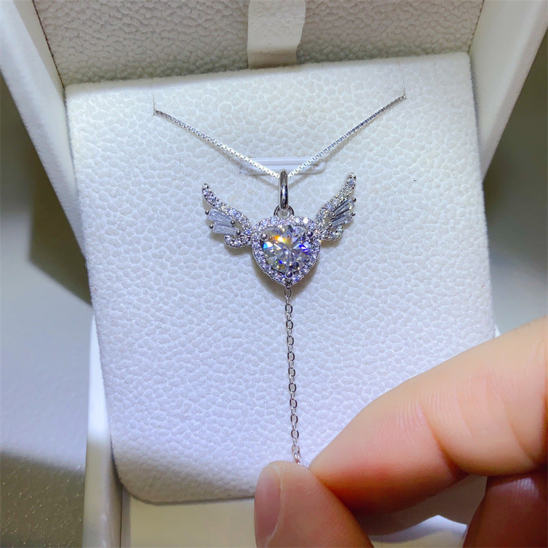 925 Silver Moissanite Angel Wing Heart Necklace with 1 Carat Pendant product image