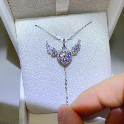925 Silver Moissanite Angel Wing Heart Necklace with 1 Carat Pendant