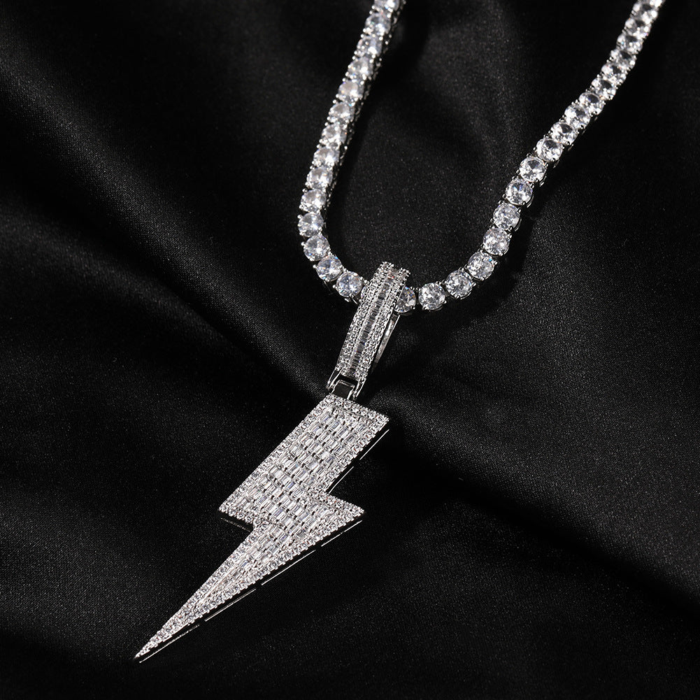 Iced Lightning Bolt Pendant Necklace with Cuban Twist Chain for Women and Men