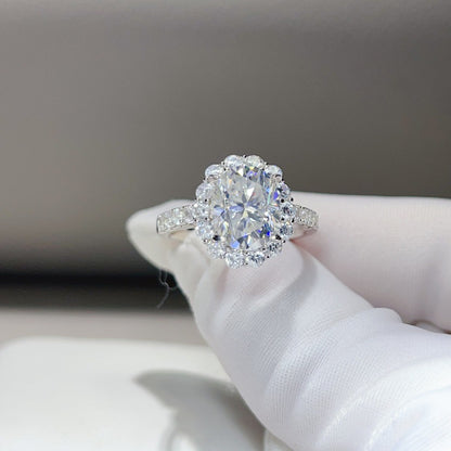 3 Carat Oval Moissanite Halo Ring for Women, S925 Ring, Color Stone Engagement Ring