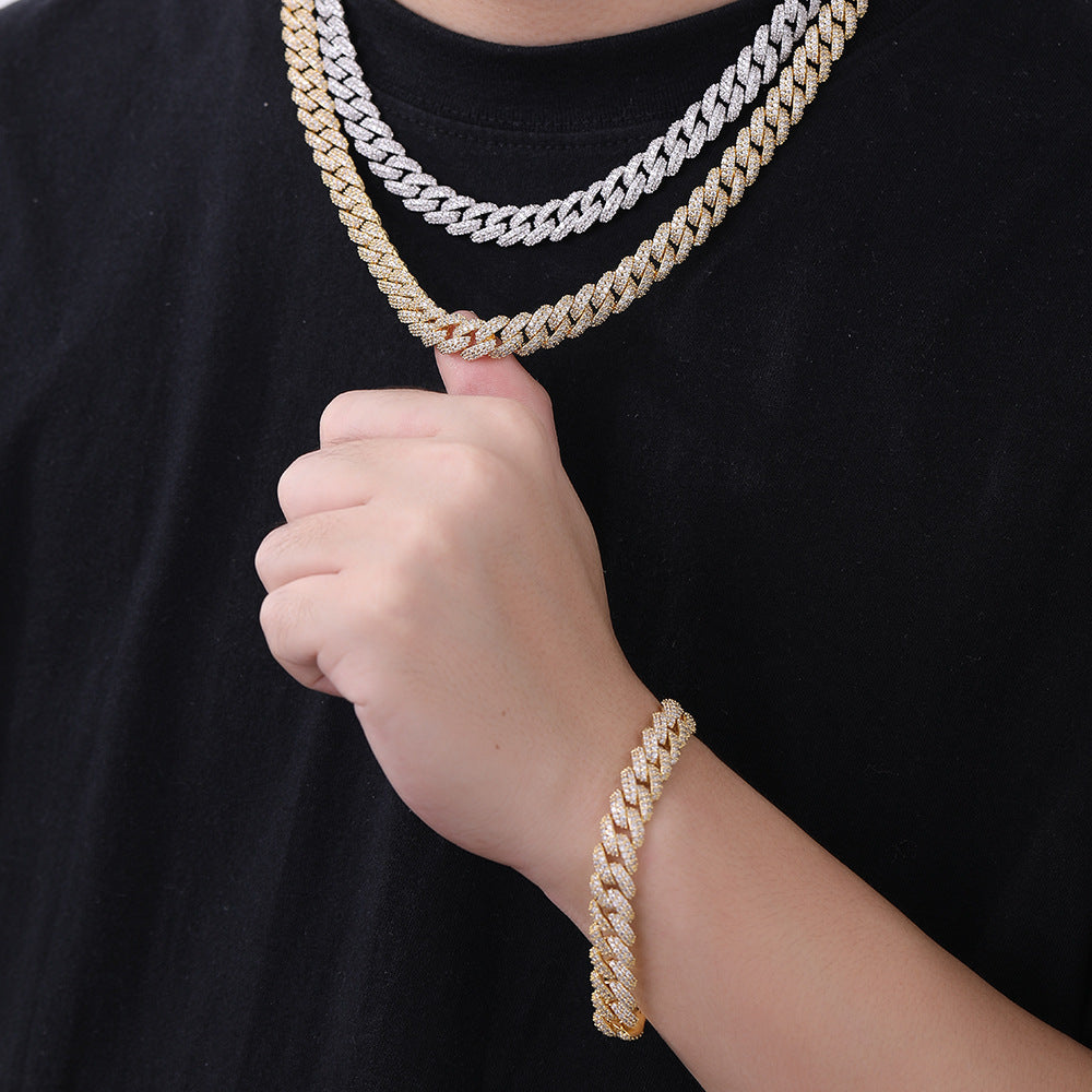 10mm Iced Out Cuban Link Chain Necklace & Bracelet, Double Row Zirconia Hip Hop Jewelry, Unisex Plated Copper product image