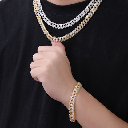 10mm Iced Out Cuban Link Chain Necklace & Bracelet, Double Row Zirconia Hip Hop Jewelry, Unisex Plated Copper