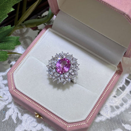 Pink Sapphire Halo Ring, S925 Silver Oval Cluster Ring for Women