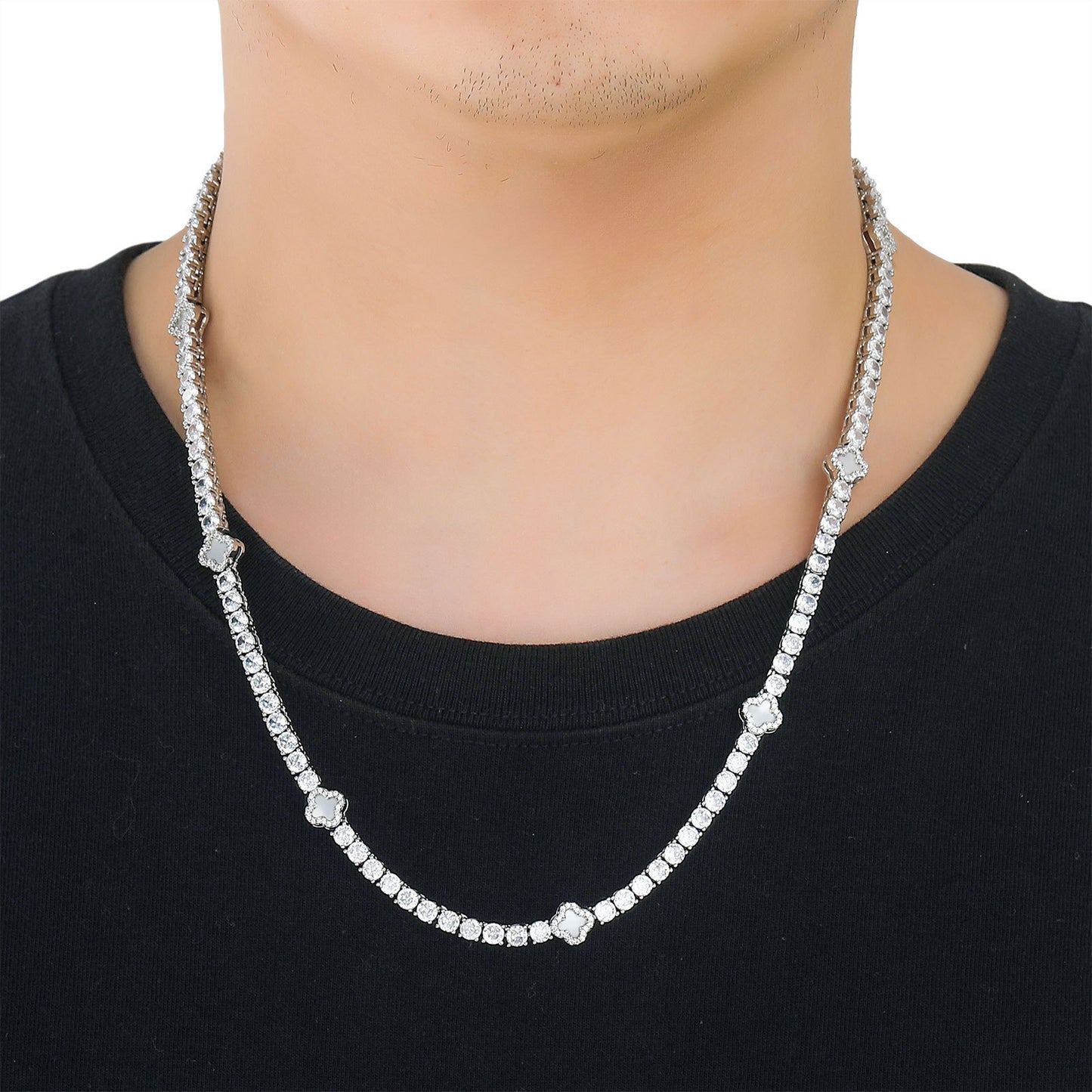 Hip Hop Light Luxury Four Leaf Clover Tennis Chain Cubic Zirconia Necklace for Men