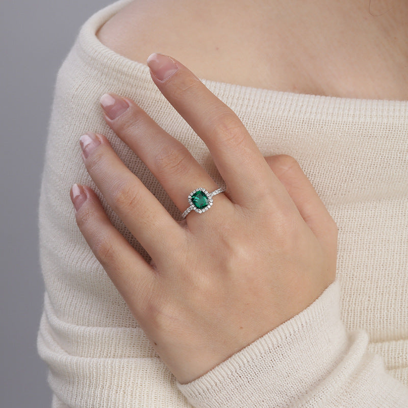S925 Sterling Silver Lab-Grown Emerald Halo Ring, Cushion Cut product image