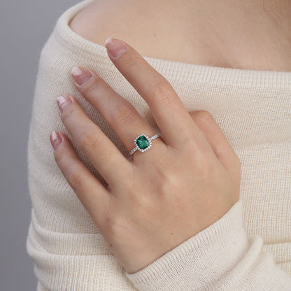 S925 Sterling Silver Lab-Grown Emerald Halo Ring, Cushion Cut