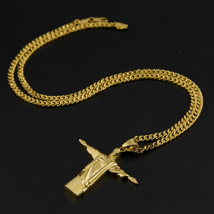 Gold Plated Stainless Steel Statue Pendant Necklace with 5mm Cuban Chain for Men