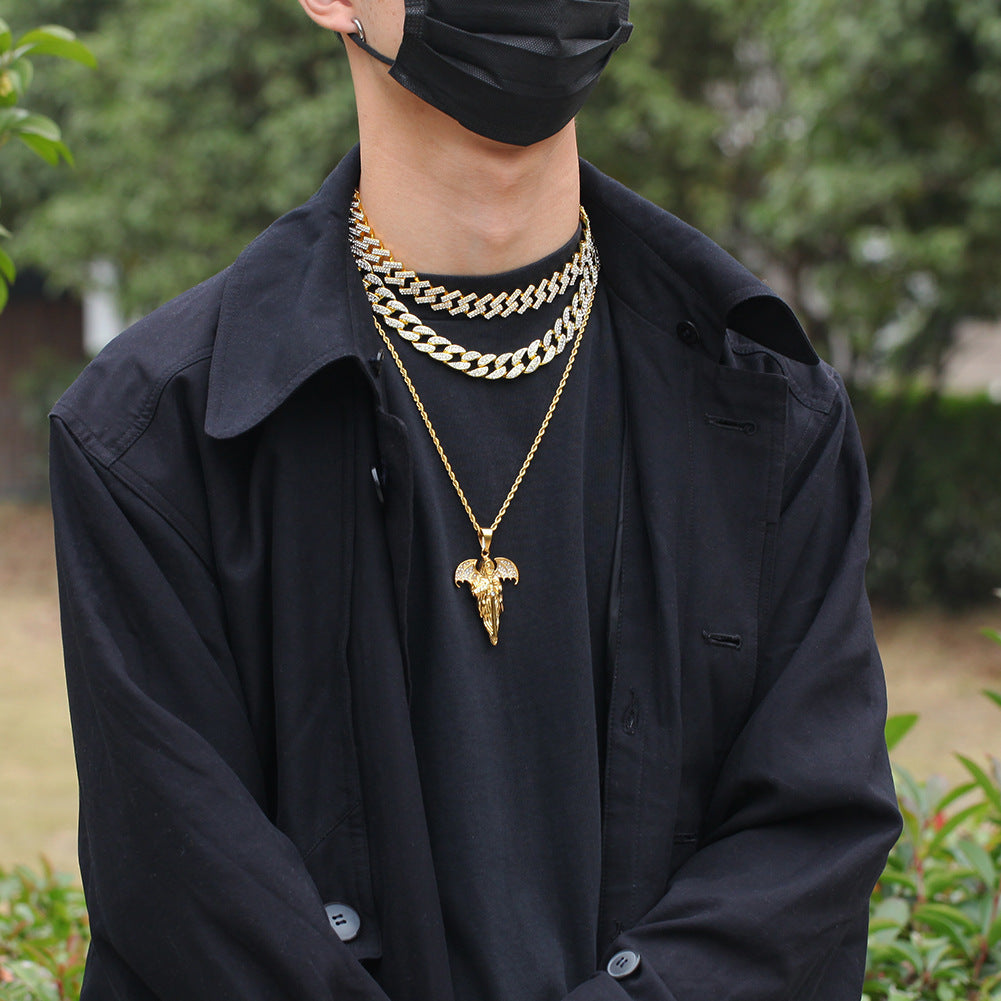 Iced Hip Hop Stainless Steel Pendant Necklace with 24 Inch Twist Chain - Dollar Sign, Eagle, Grim Reaper Skull, Portrait Cross Statement Chain