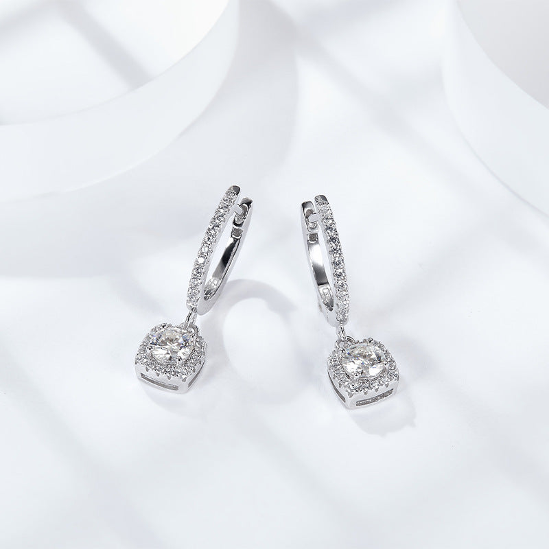 Moissanite Square Halo Drop Earrings for Women, Pavé Huggie Hoop Dangle Style product image