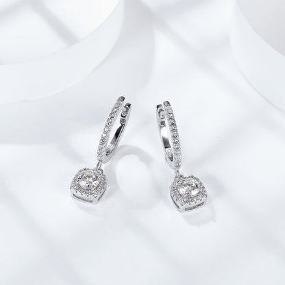 Moissanite Square Halo Drop Earrings for Women, Pavé Huggie Hoop Dangle Style