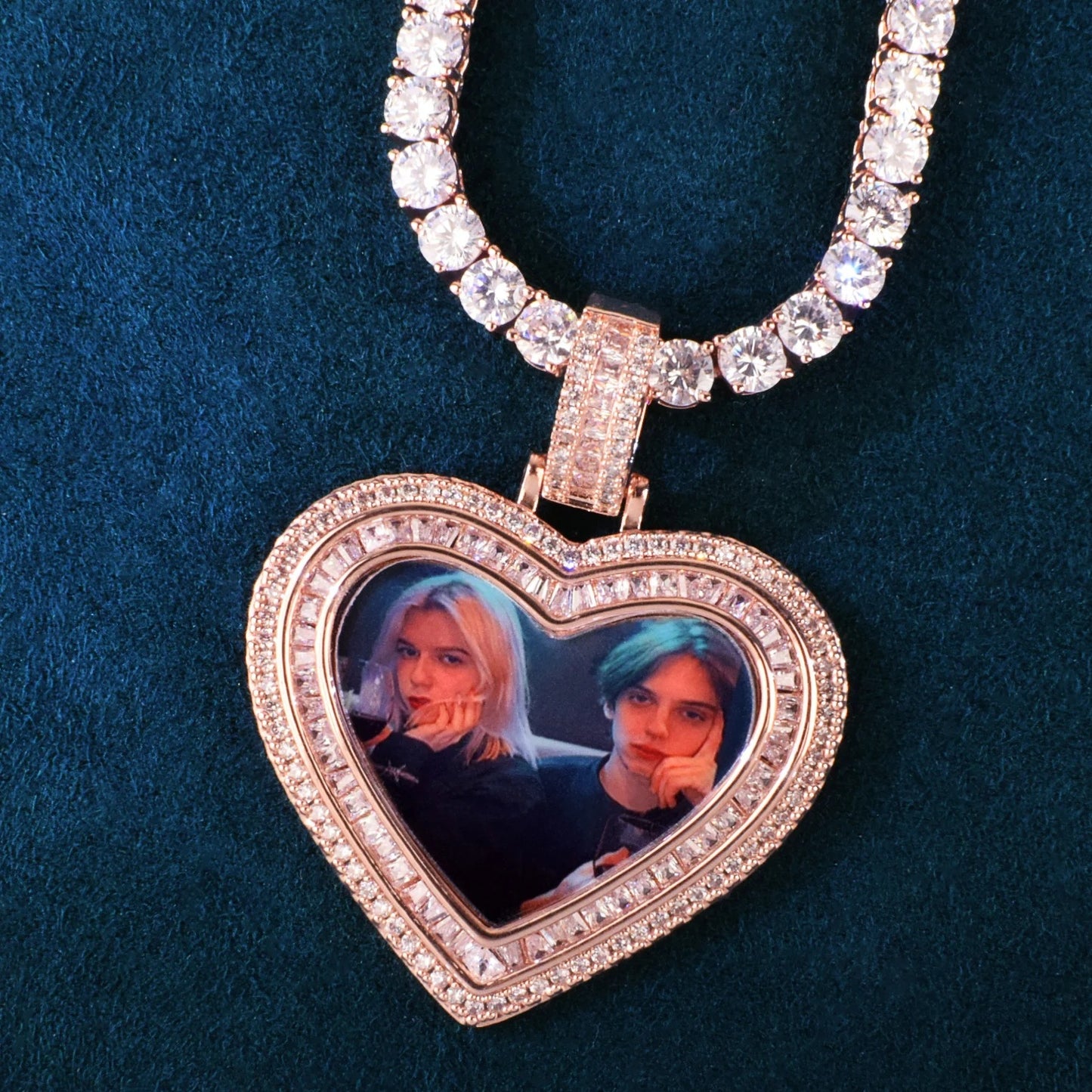 Unisex Iced Heart Photo Pendant Necklace