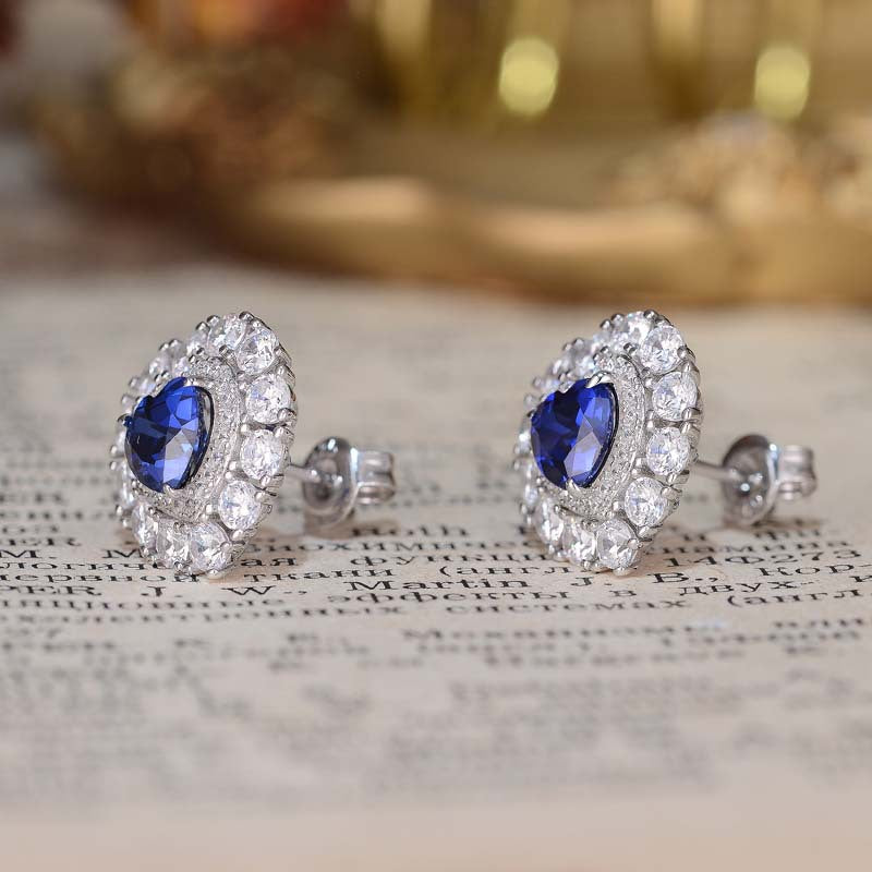 Blue Heart Stud Earrings for Women, Created Sapphire Halo Earrings product image