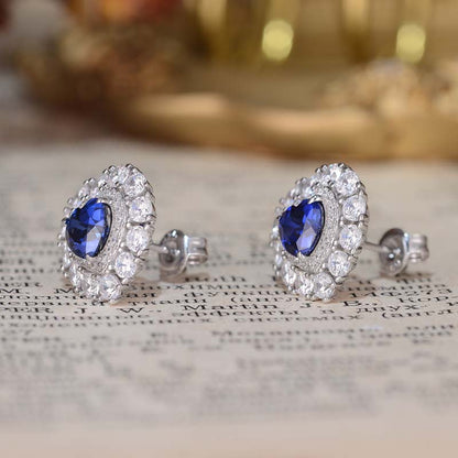 Blue Heart Stud Earrings for Women, Created Sapphire Halo Earrings