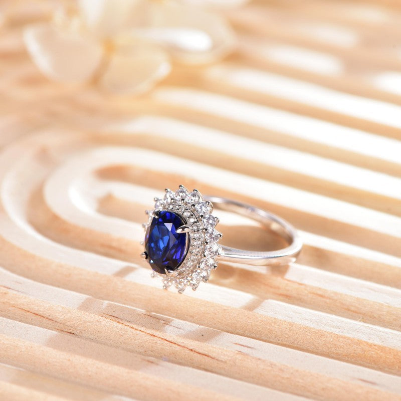 Blue Sapphire Halo Ring, Oval Center Stone Promise Ring, Double Halo Engagement Style Ring product image