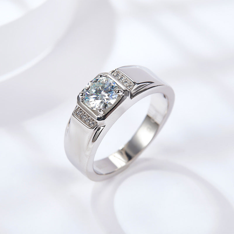 Men’s 1 Carat Moissanite Ring, 18K Gold Plated Wedding Band with Round Center Stone and Side Accents product image