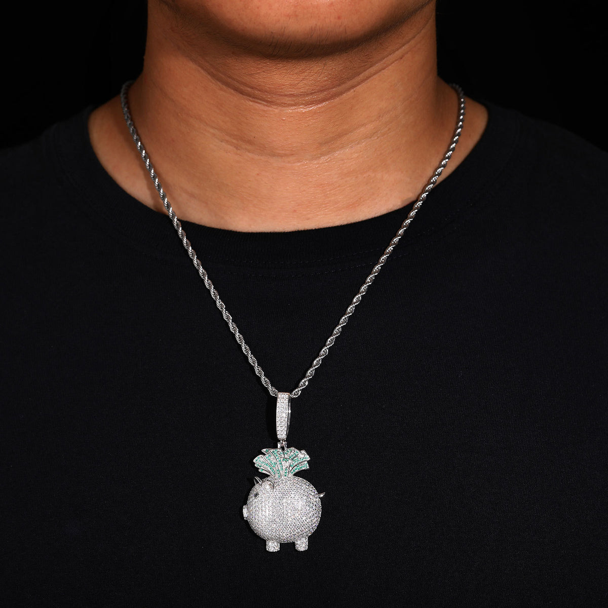 925 Silver Moissanite Iced Out Pig Money Pendant Necklace product image