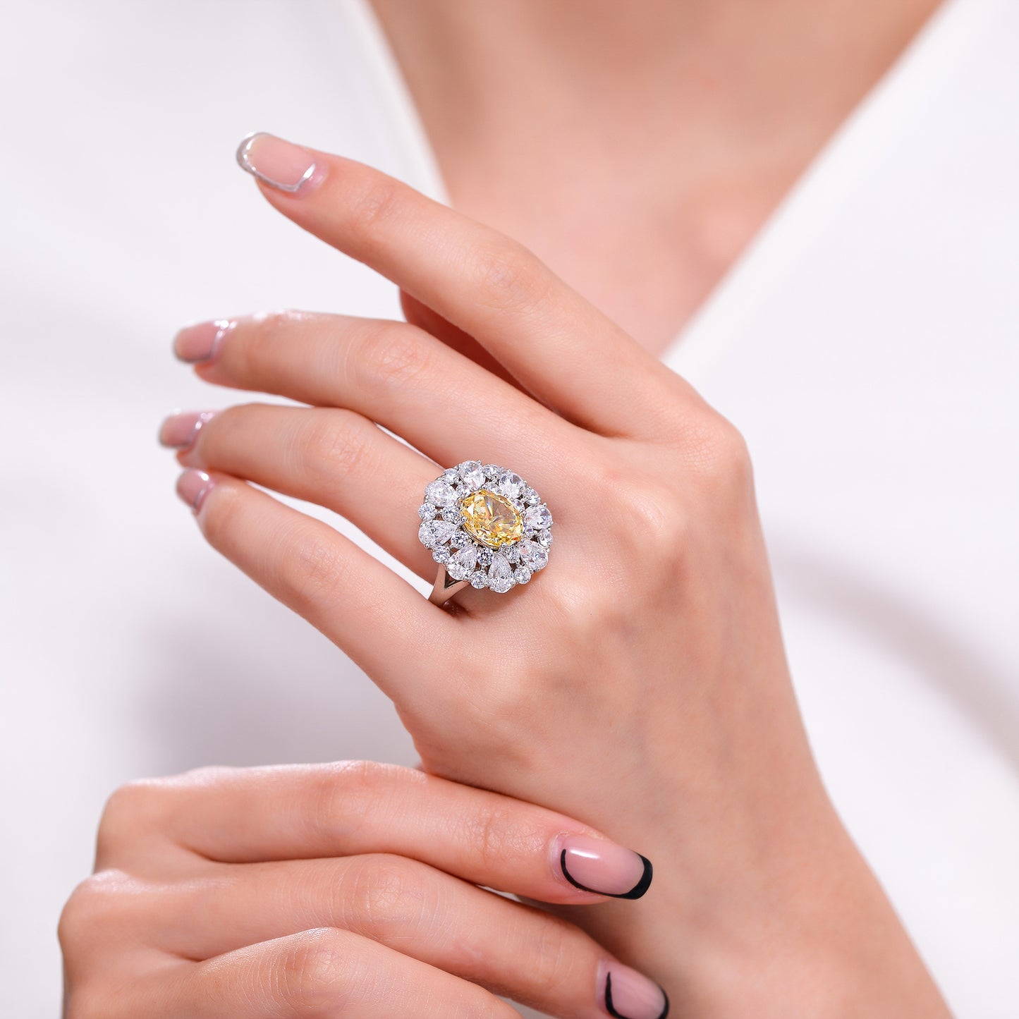 Oval Yellow Center Stone Halo Ring, S925 Silver 18K Gold Plated Ring for Women product image