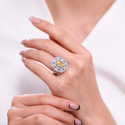 Oval Yellow Center Stone Halo Ring, S925 Silver 18K Gold Plated Ring for Women