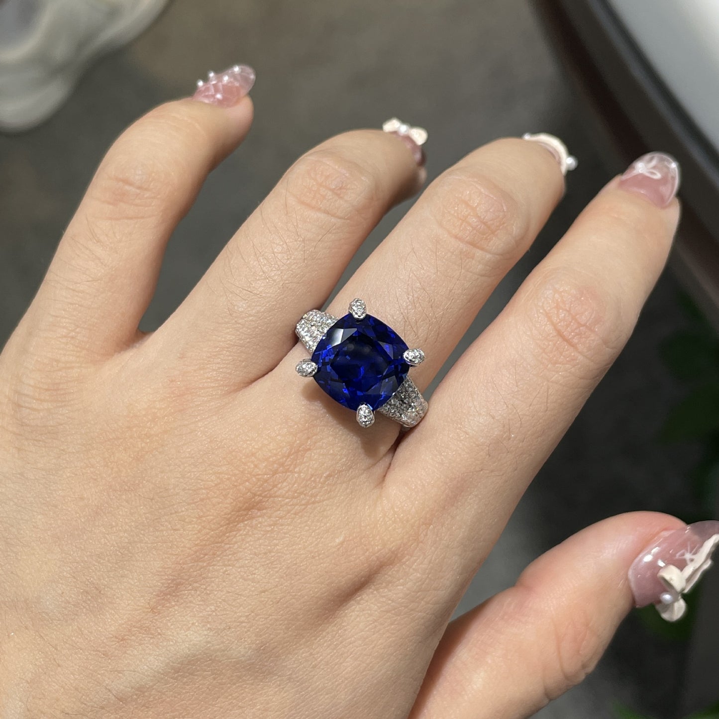 Sterling Silver Blue Cushion Cut Statement Ring for Women product image