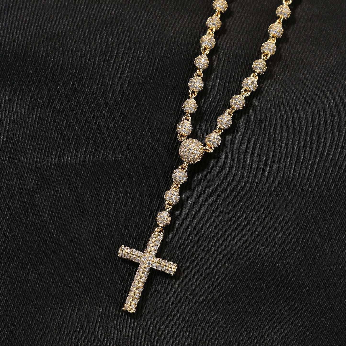 Iced Cross Pendant Necklace for Women – Gold or Silver Beaded Chain Statement Necklace 16in/18in