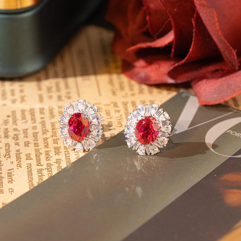 Ruby Red Oval Halo Matching Jewelry Set, Ring, Earrings & Pendant product image