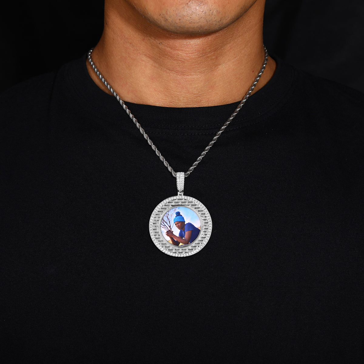 Iced Out Round Photo Pendant Necklace with Rope Chain for Men and Women product image