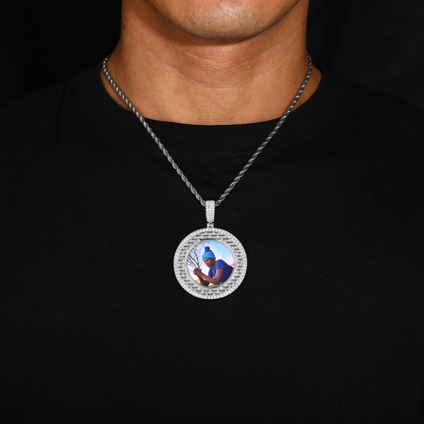 Iced Out Round Photo Pendant Necklace with Rope Chain for Men and Women product image