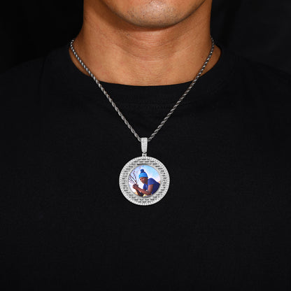 Iced Out Round Photo Pendant Necklace with Rope Chain for Men and Women